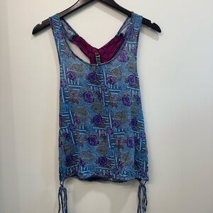 Free People Blue Floral Racerback Tank with Tie Details